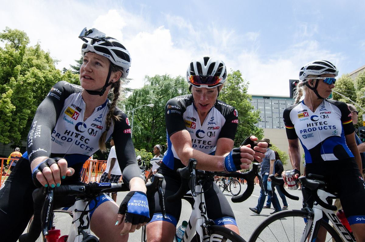 The Hitec Products team relaxes after taking today's win