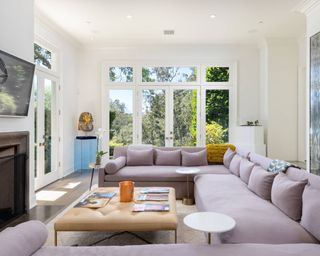 White living room with lilac sofa