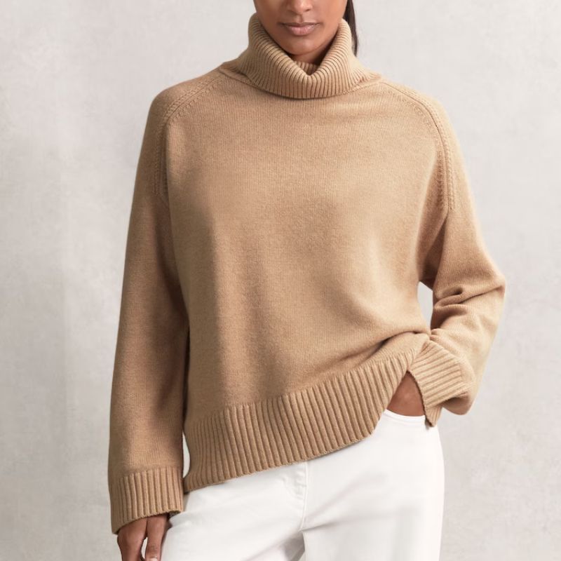Wool-Cashmere Roll-Neck Jumper in Camel on model 
