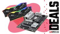 An image showing a Team Group DDR5 memory kit next to an MSI B580 Gaming Plus WiFi motherboard, against a colorful background with the phrase 'Deals' on the right side, above a PC Gamer logo