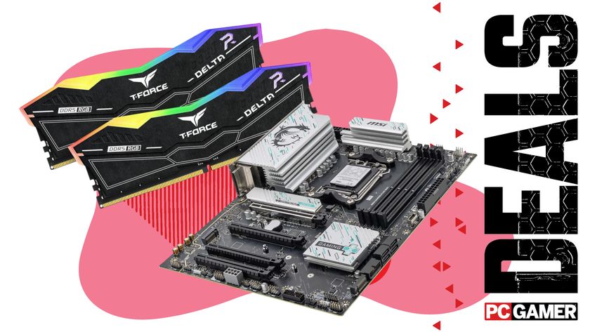An image showing a Team Group DDR5 memory kit next to an MSI B580 Gaming Plus WiFi motherboard, against a colorful background with the phrase 'Deals' on the right side, above a PC Gamer logo