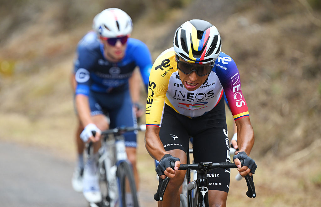CASTRO DE ERVILLE, SPAIN - SEPTEMBER 09: Egan Bernal of Colombia and Team INEOS Grenadiers competes in the breakaway during the La Vuelta - 80th Tour of Spain 2025, Stage 16 a 167.9km stage from Poio to Mos. Castro de Herville on September 09, 2025 in Castro de Erville, Spain. (Photo by Tim de Waele/Getty Images)