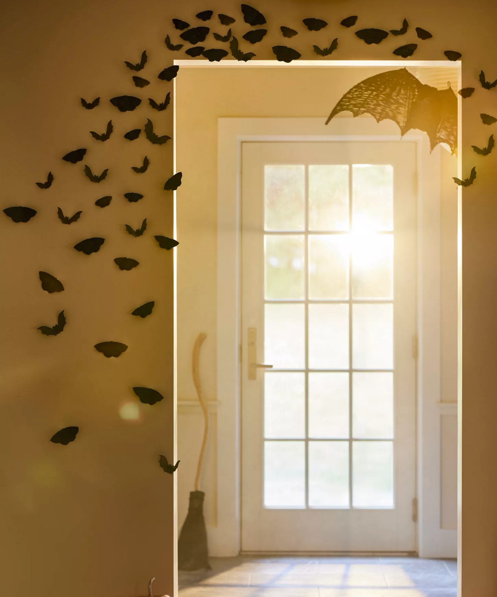 an entryway with a collection of iron moths and bats hanging on the wall surrounding the door frame