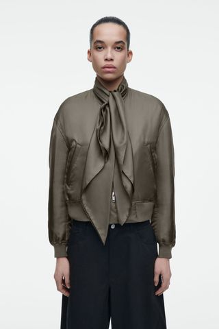 Scarf-Detail Padded Silk Bomber Jacket