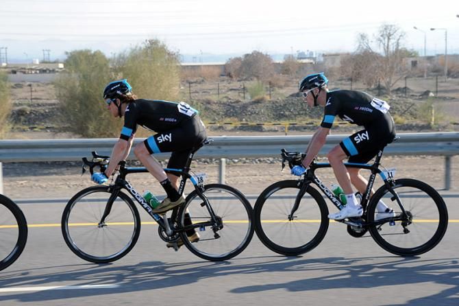 Sky teammates Bradley Wiggins and Chris Froome during the opening stage at the Tour of Oman.