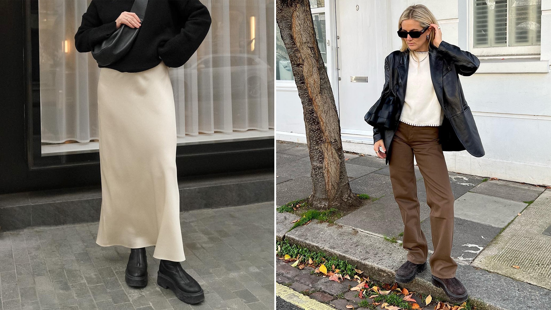 collage of British style influencers Francesca Saffari and Lucy Williams wearing chic fall and winter 2025 outfits with The Row zipped boots