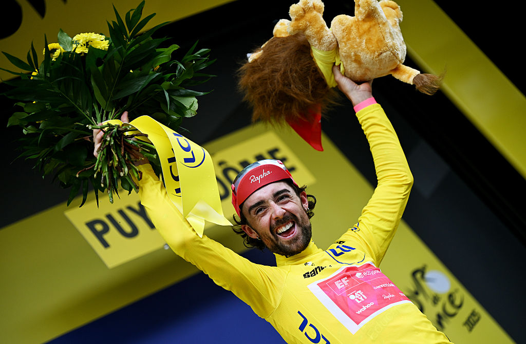 Ben Healy of Ireland and Team EF Education - EasyPost celebrates at podium as Yellow leader jersey winner during the 112th Tour de France 2025
