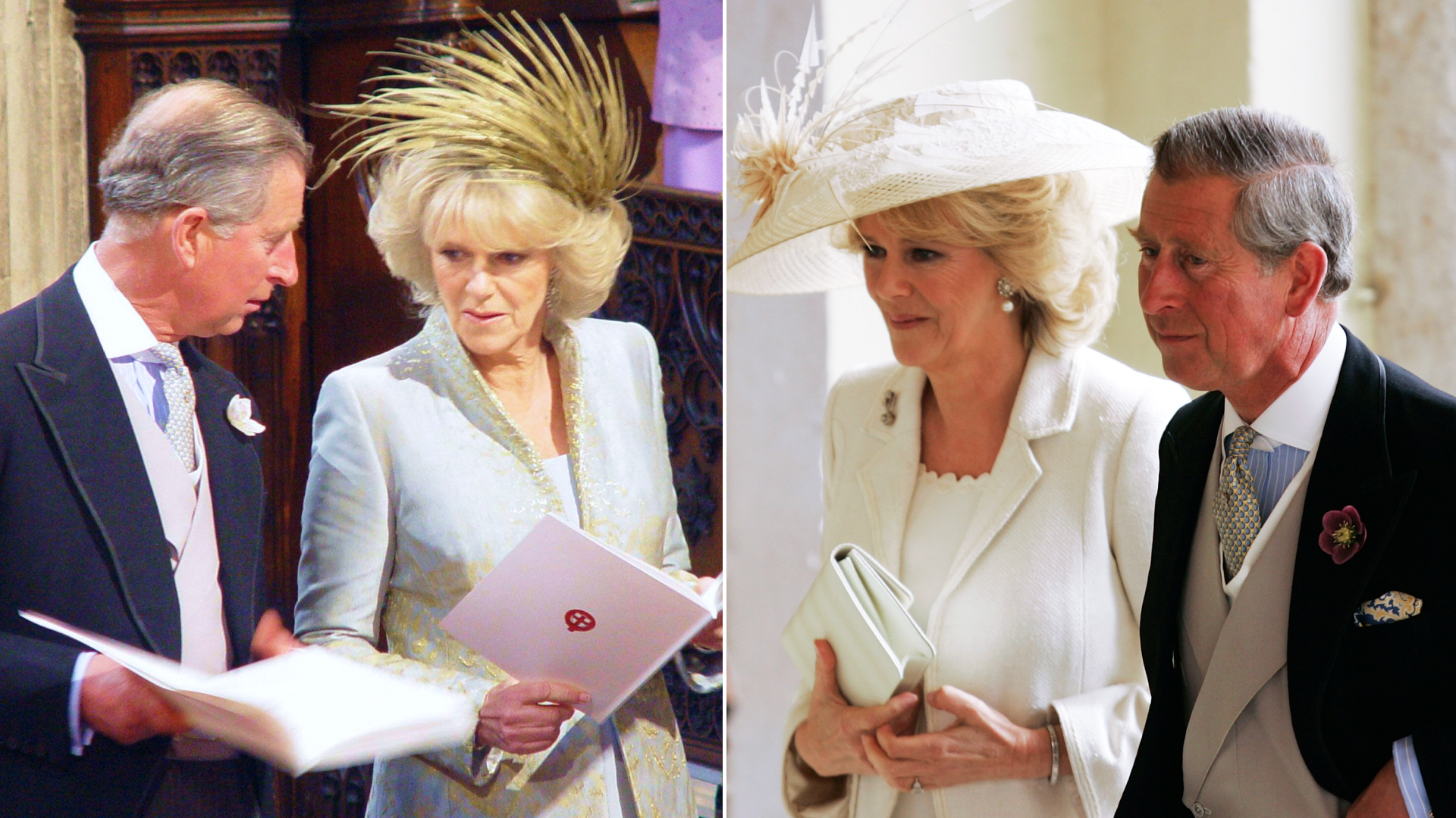 Queen Camilla wears off-white and pale green on her wedding day, including a white hat, to marry King Charles in 2005