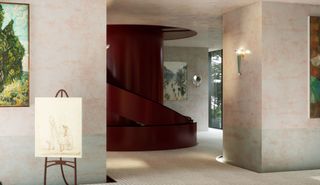 red staircase in rendered house in exploration of gaming and architecture