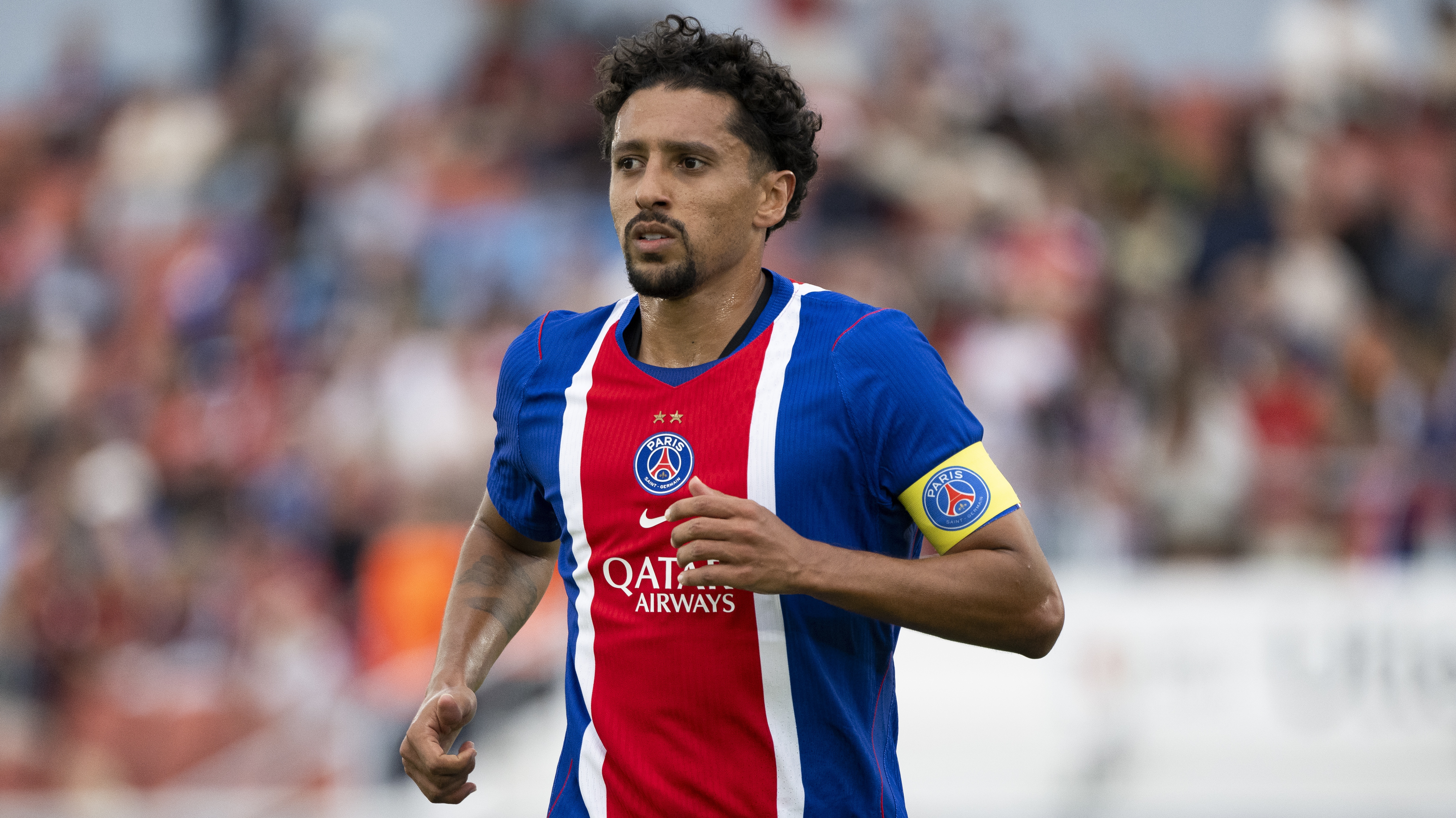 Marquinhos of Paris Saint-Germain during the during the pre-season friendly match between Paris Saint-Germain and Manchester United at Ullevi on August 8, 2026 in Gothenburg, Sweden. 