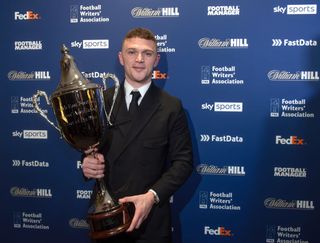 Kieran Trippier poses with his trophy after winning Football Writers' Player of the year award during the North East Football Writers Awards at Ramside Hall on March 03, 2024 in Durham, England.