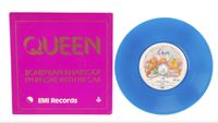 Queen limited edition Bohemian Rhapsody blue vinyl record on a white background