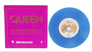 Queen limited edition Bohemian Rhapsody blue vinyl record on a white background