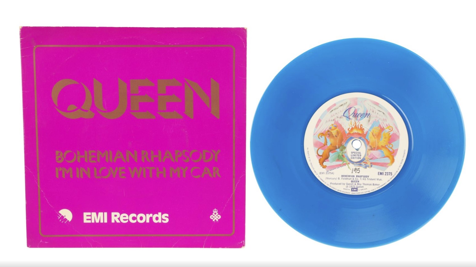 Queen limited edition Bohemian Rhapsody blue vinyl record on a white background