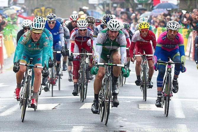 Jonathan Hivert (Sojasun) leads in the first chase group for 8th place on a cold, wet day of racing at Paris-Nice.