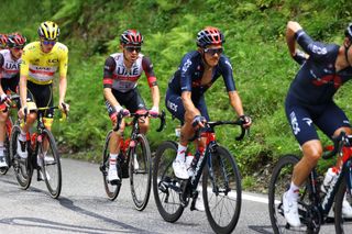 LUZ ARDIDEN FRANCE JULY 15 Tadej Pogaar of Slovenia Yellow Leader Jersey Rafa Majka of Poland and UAETeam Emirates Richard Carapaz of Ecuador and Team INEOS Grenadiers during the 108th Tour de France 2021 Stage 18 a 1297km stage from Pau to Luz Ardiden 1715m LeTour TDF2021 on July 15 2021 in Luz Ardiden France Photo by Tim de WaeleGetty Images