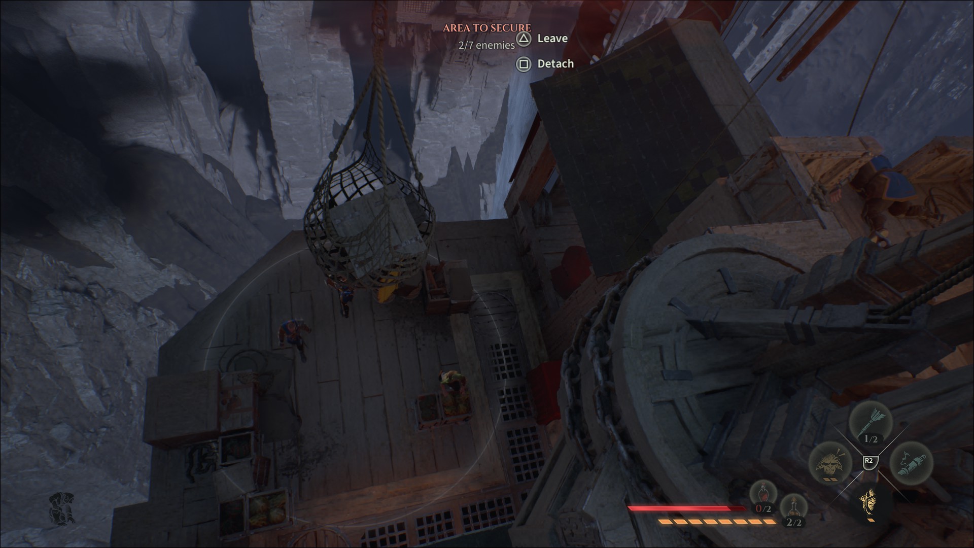 A Styx: Blades of Greed screenshot showing Styx about to drop a load of heavy boxes on some enemies.