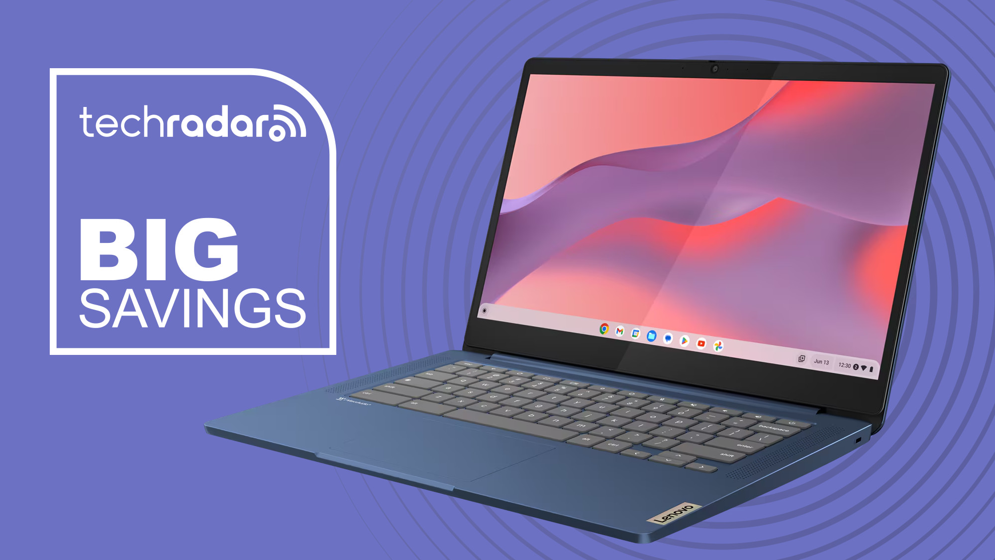 The Lenovo IdeaPad Slim 3 Chromebook on a purble background with the text 'BIG SAVINGS'.