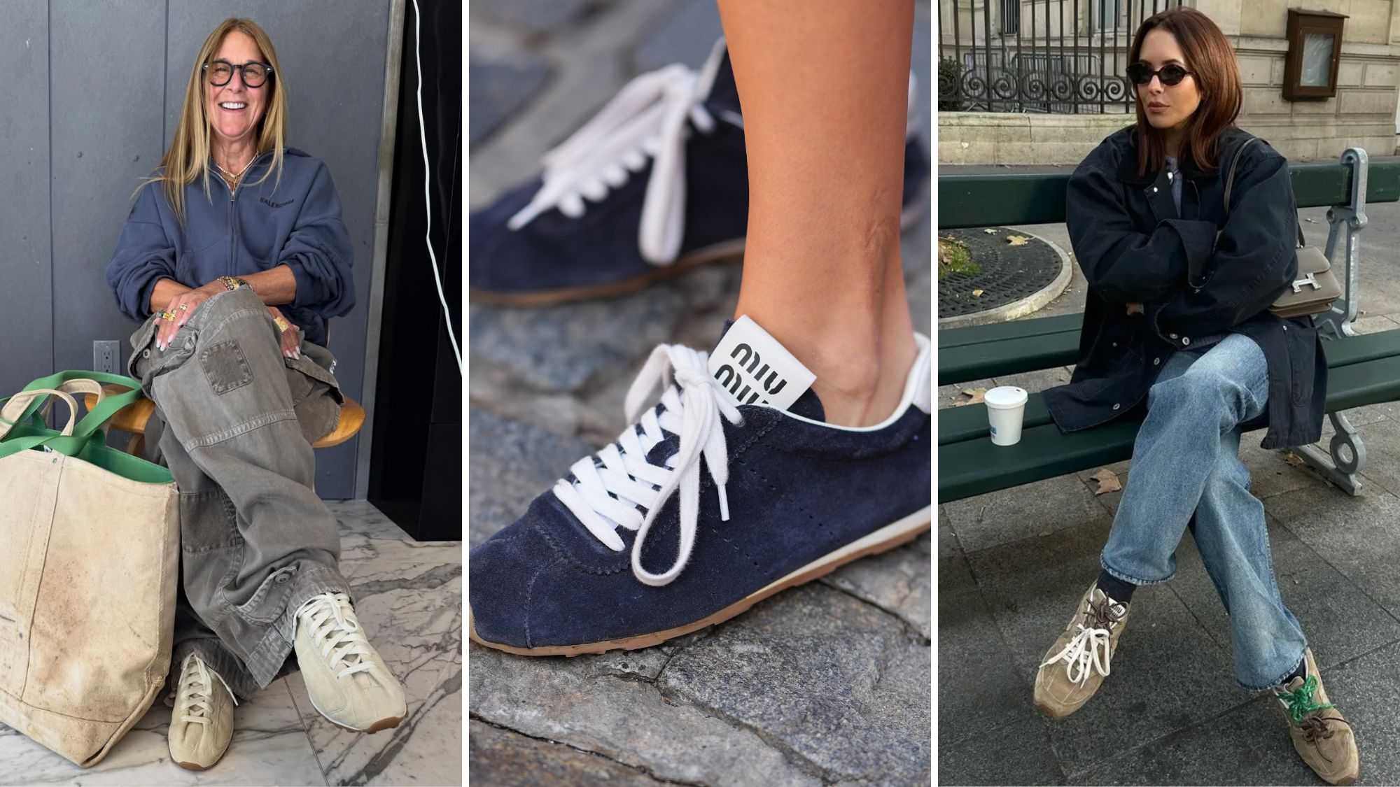 three women wearing suede trainers