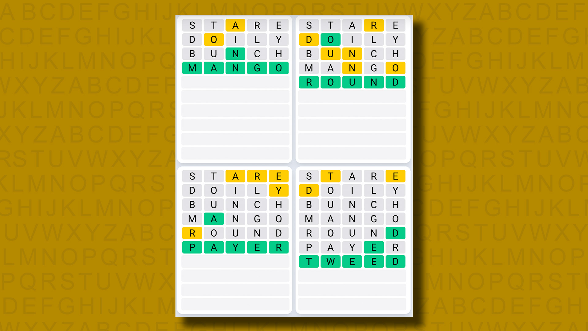 Quordle Daily Sequence answers for game 1246 on a yellow background