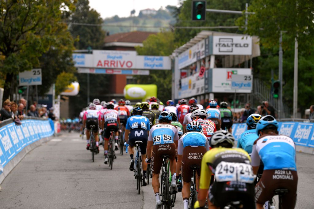 A rear view of the peloton on the finishing circuit of the GP Bruno Beghelli