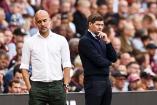 Aston Villa Manager Steven Gerrard and Manchester City Manager Pep Guardiola during the Premier League match between Aston Villa and Manchester City at Villa Park on September 3, 2022 in Birmingham, United Kingdom.