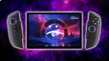 Lenovo Legion Go 2 handheld with sad face on screen, controllers detached, and purple nebula backdrop.