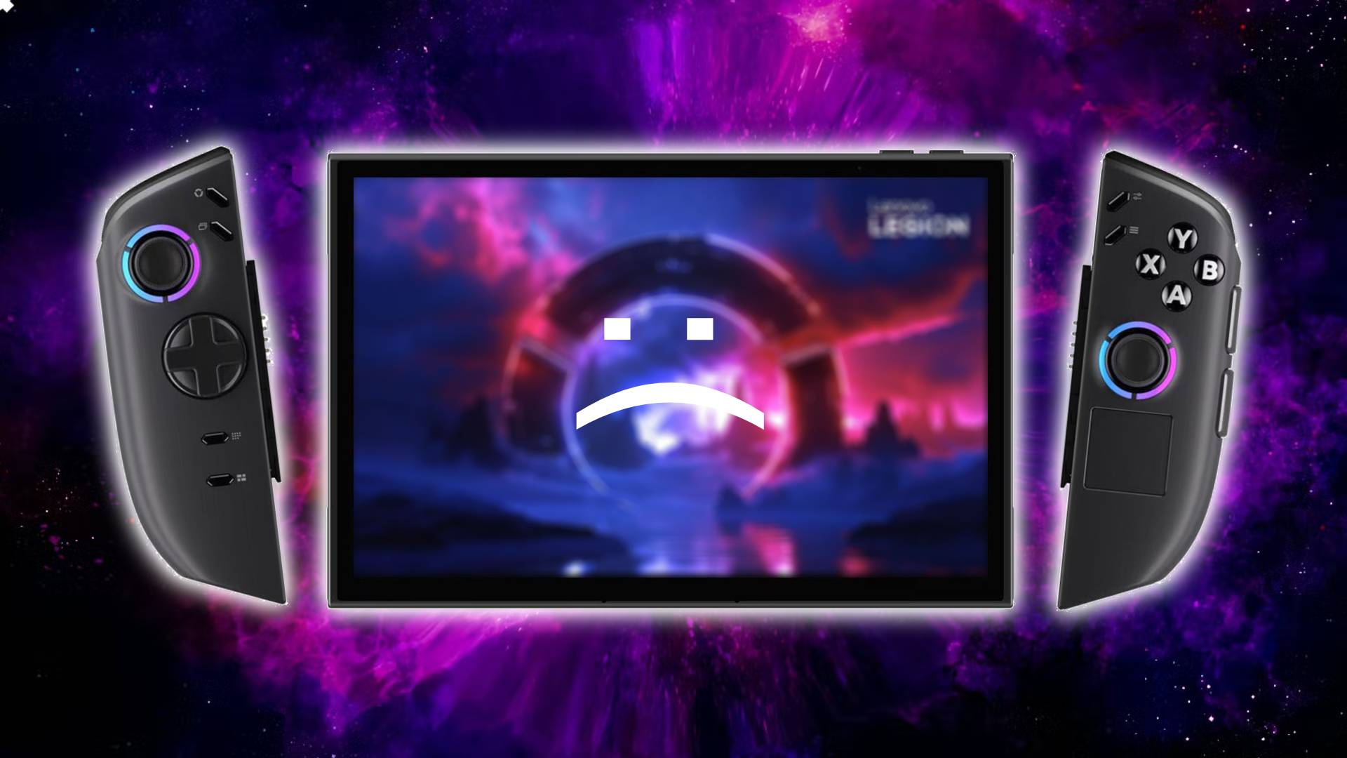 Lenovo Legion Go 2 handheld with sad face on screen, controllers detached, and purple nebula backdrop.