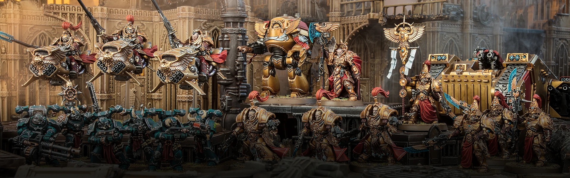 The Custodes lineup facing off with Chaos Space Marines