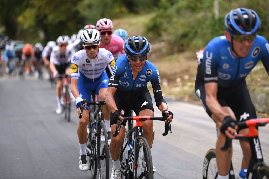 TORTORETO ITALY OCTOBER 13 Domenico Pozzovivo of Italy and NTT Pro Cycling Team James Knox of The United Kingdom and Team Deceuninck QuickStep Joao Almeida of Portugal and Team Deceuninck QuickStep Pink Leader Jersey during the 103rd Giro dItalia 2020 Stage 10 a 177km stage from Lanciano to Tortoreto girodiitalia Giro on October 13 2020 in Tortoreto Italy Photo by Tim de WaeleGetty Images