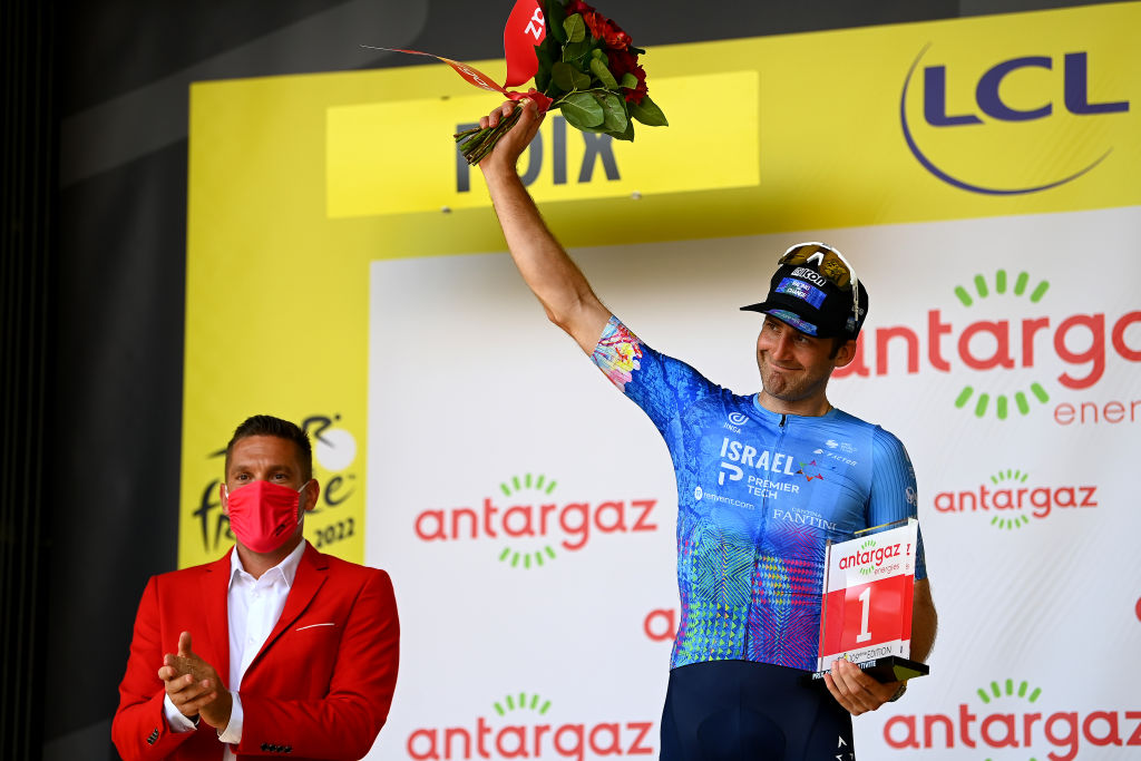 FOIX FRANCE JULY 19 Hugo Houle of Canada and Team Israel Premier Tech celebrates at podium as Most Combative Rider Prize winner during the 109th Tour de France 2022 Stage 16 a 1785km stage from Carcassonne to Foix TDF2022 WorldTour on July 19 2022 in Foix France Photo by Tim de WaeleGetty Images