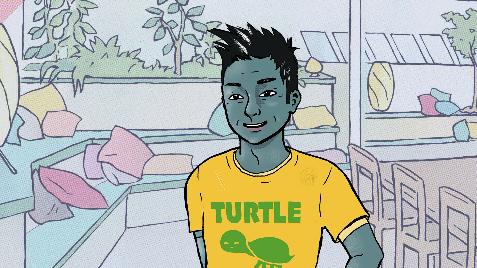 A man in a yellow t-shirt with a turtle on it against the backdrop of a relaxed office space
