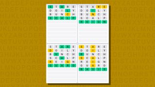 Quordle daily sequence answers for game 802 on a yellow background