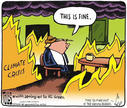 Political Cartoon U.S. Trump This is Fine dog Climate KC Green