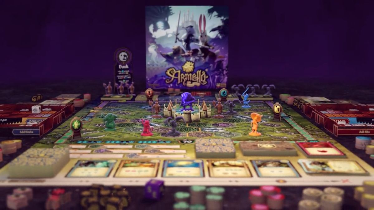 Armello: The Board Game box, board, miniatures, tokens, and cards laid out in a game