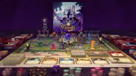 Armello: The Board Game box, board, miniatures, tokens, and cards laid out in a game
