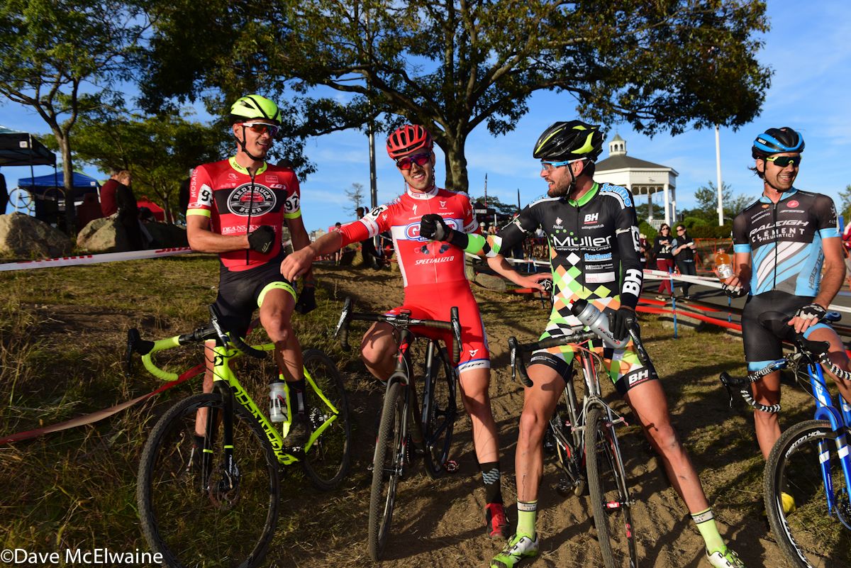 Raphael Gagne, Tobin Ortenblad, Lukas Winterberg, and Jamey Driscoll talking about the race at the finish