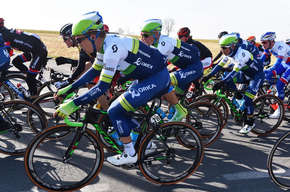 Orica-GreenEdge's Chris Juul-Jensen, Magnus Cort and Caleb Ewan in the peloton
