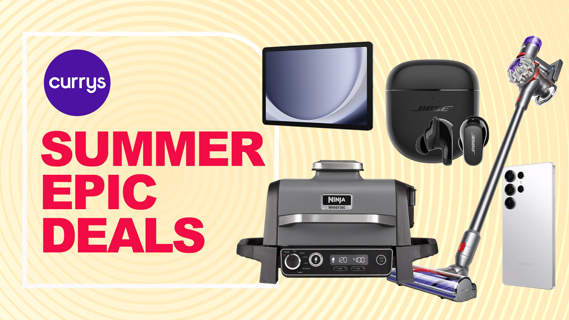 A selection of tech devices on a beige background with Currys Summer Epic Deals text to the left