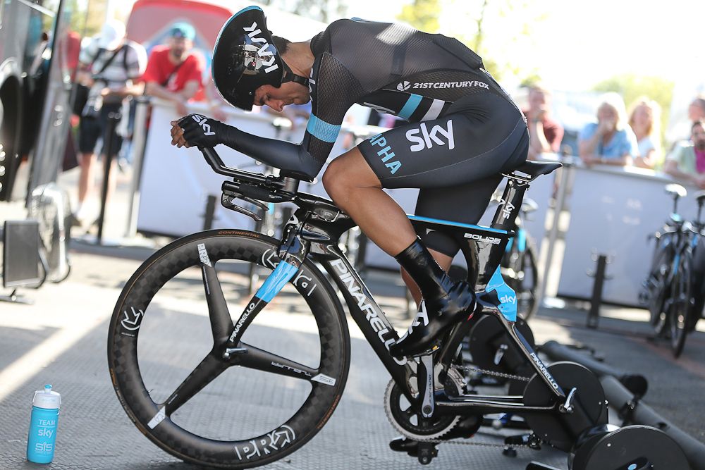Team Sky's Mikel Landa warms up on a trainer ahead of his start at the Giro d'Italia