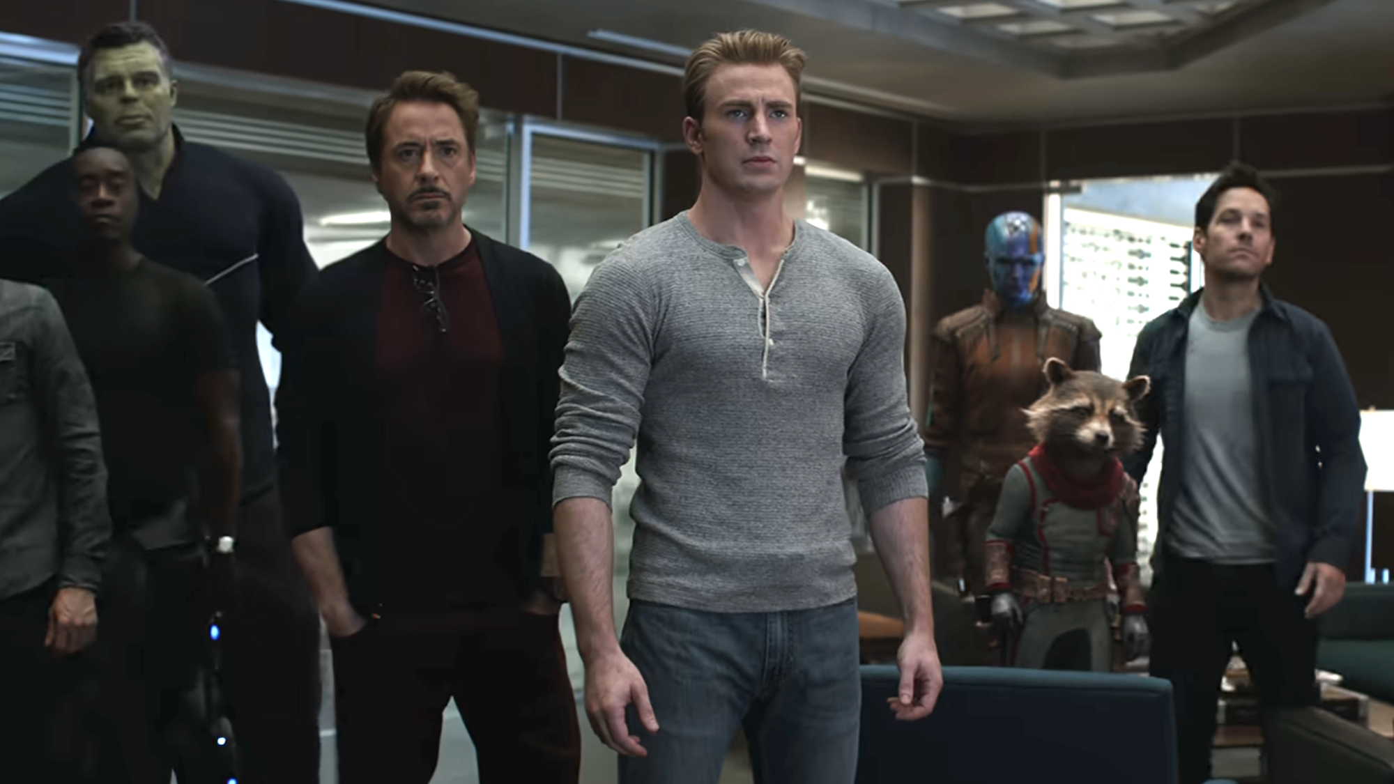 Hulk, Rhodey, Tony Stark, Steve Rogers, Nebula, Rocket and Scott Lang standing together in Avengers: Endgame