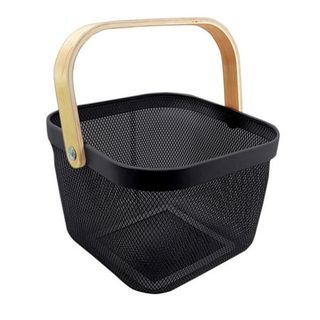 A black fine mesh storage basket with a wooden handle