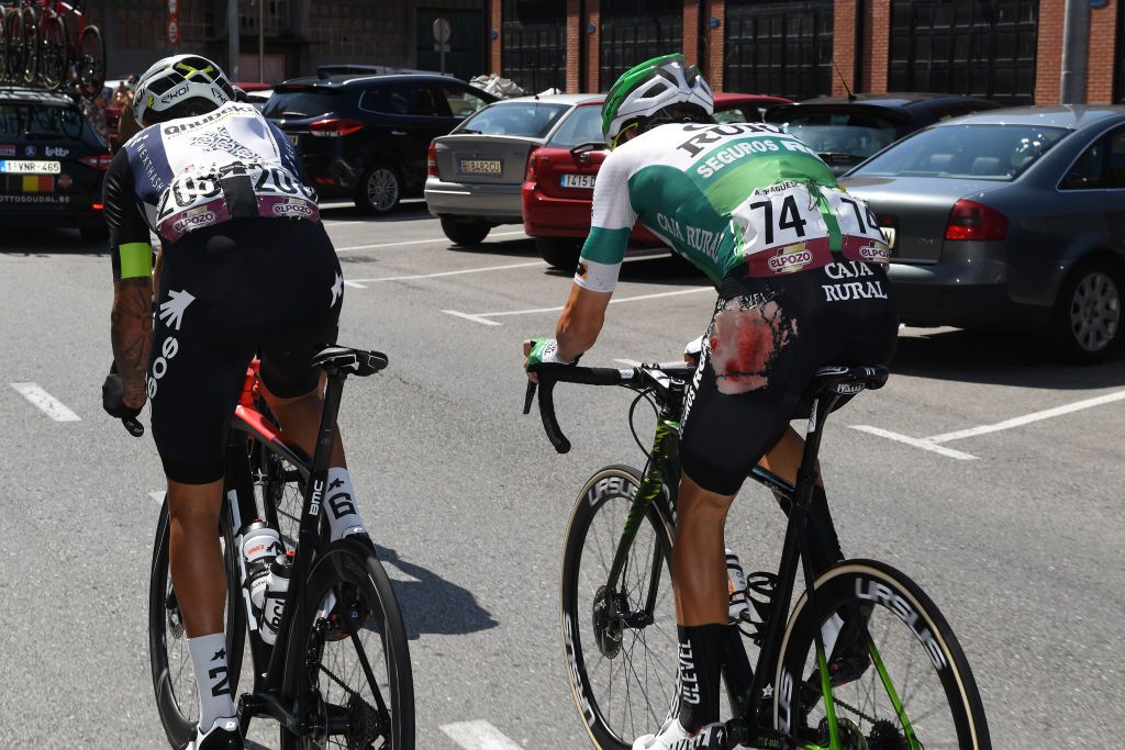 SANTA CRUZ DE BEZANA SPAIN AUGUST 31 Detail view of the Aritz Bagues Kalparsoro of Spain and Team Caja RuralSeguros RGA injured after crash during the 76th Tour of Spain 2021 Stage 16 a 180km stage from Laredo to Santa Cruz de Bezana lavuelta LaVuelta21 on August 31 2021 in Santa Cruz de Bezana Spain Photo by Tim de WaeleGetty Images
