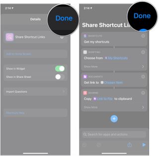 Share links to a specific shortcuts, showing how to tap Done, then tap Done