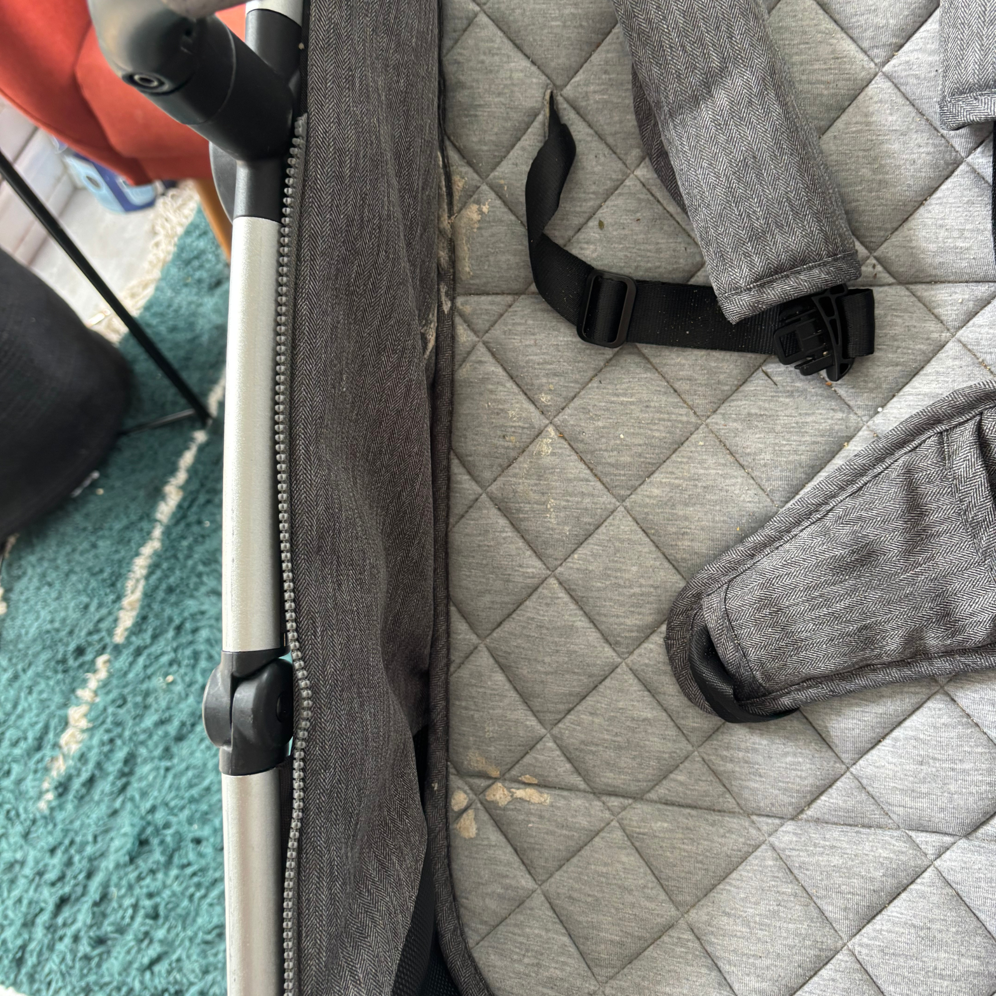 Using the Bissell SpotClean HydroSteam to clean a baby pushchair - before