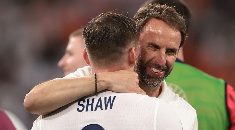 Luke Shaw and Gareth Southgate embrace after England&#039;s win over the Netherlands in the semi-finals of Euro 2024.