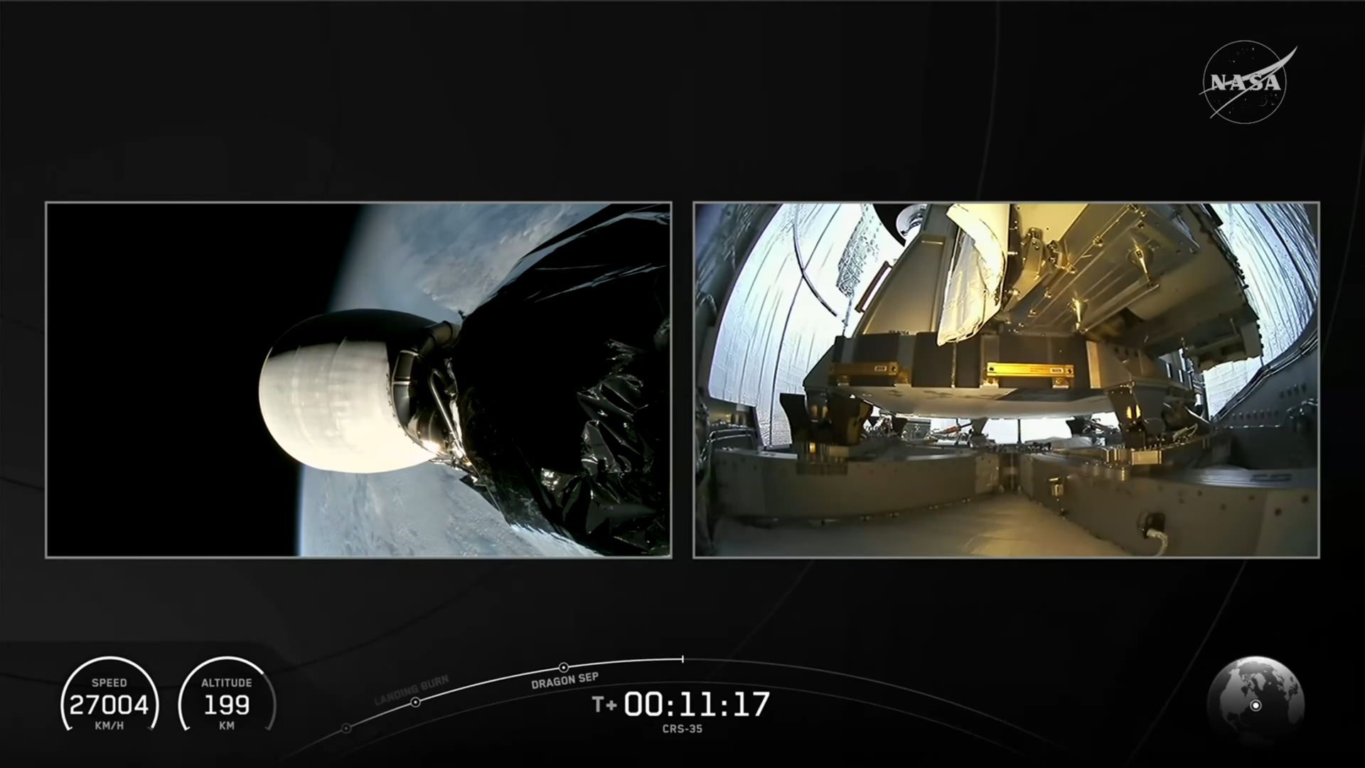 A side by side view of a rocket engine in space and the interior of a rocket fairing containing cargo bound for the International Space Station.  Graphics are visible at the bottom of the screen.