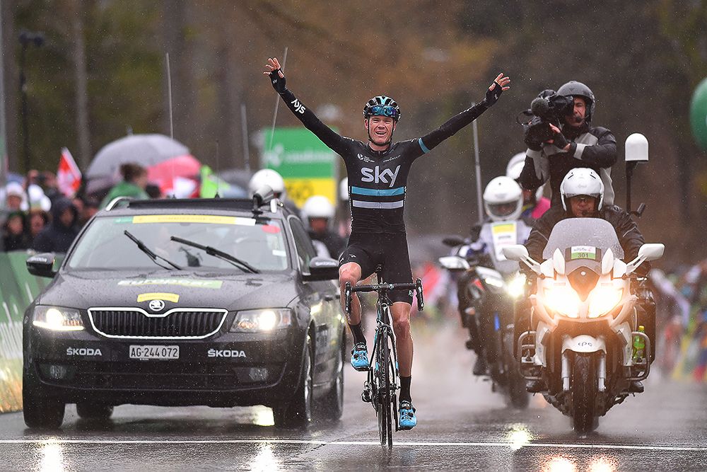 Chris Froome celebrates winning stage 4 at the Tour de Romandie