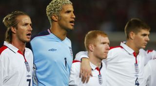 David Beckham, David James, Paul Scholes and Steven Gerrard line up before an England match