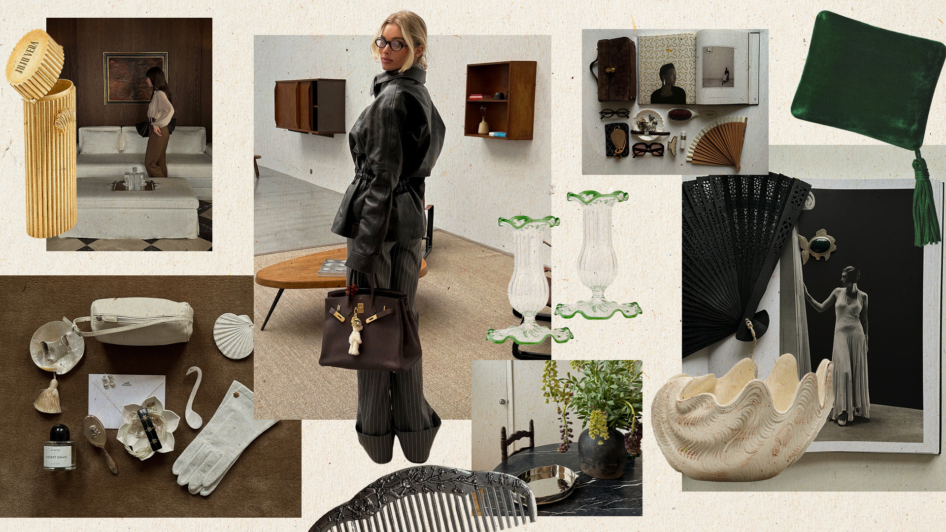 A collage of chic fashion and home decor objects including juju vera's lighter case and Moda Operandi's Moda Domus candle sticks and bowl.